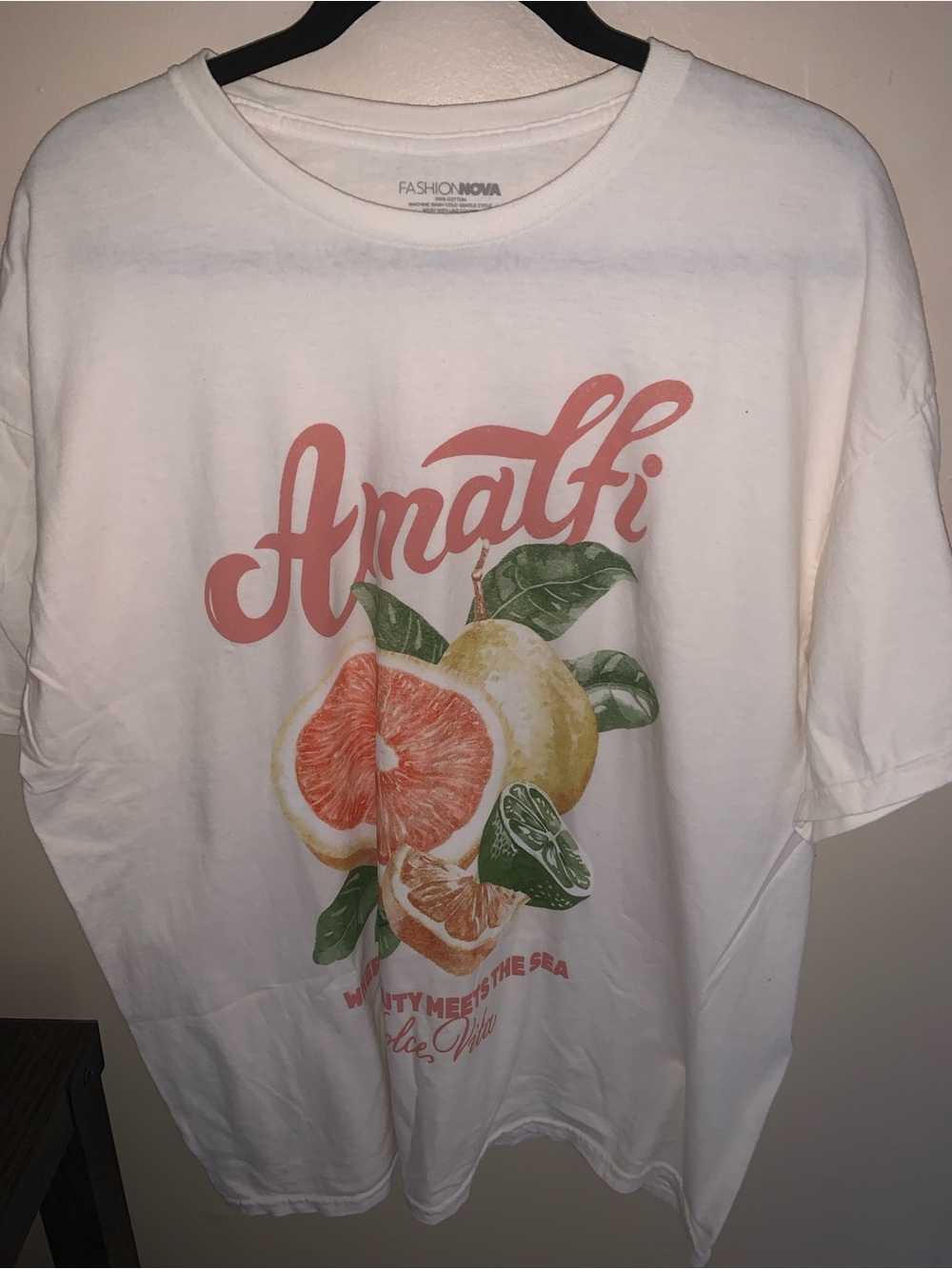 Fashion Nova White Graphic Oversized Tee with Pink Script & Green Fruit